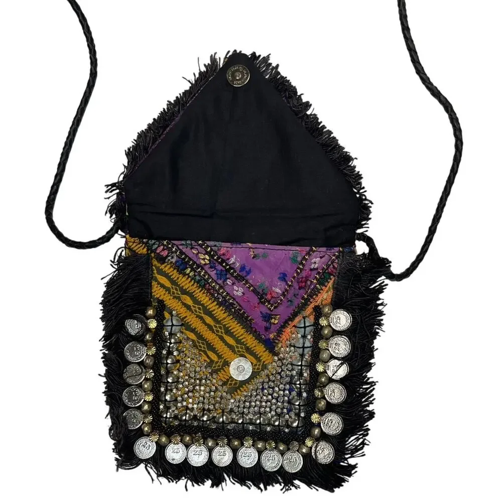Vipul shah Bohemian Black & Silver Crossbody bag Beadwork & Coin Embellishments